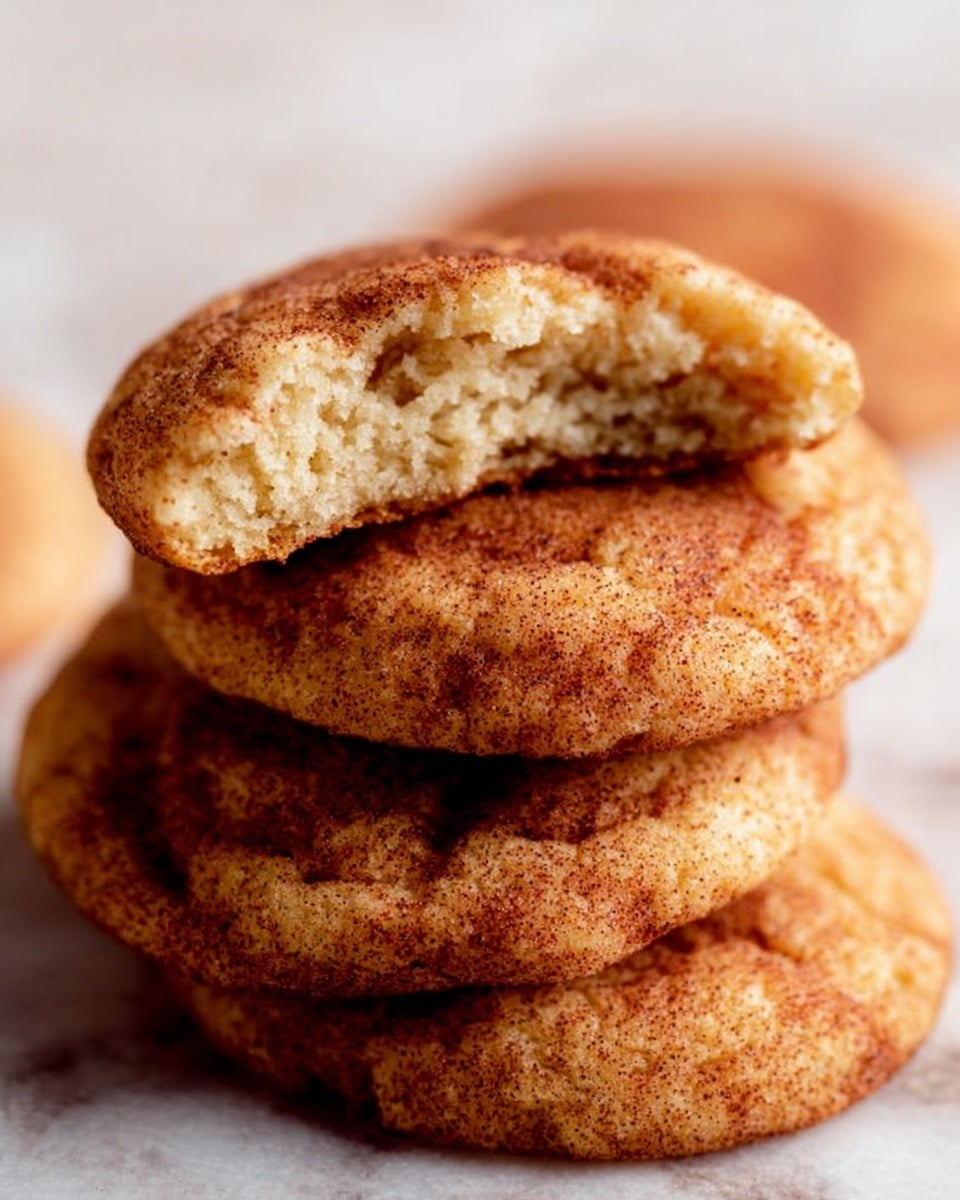 The image shows a close-up of four snickerdoodle cookies stacked on a white marbled surface. The top cookie is broken in half, revealing a soft, slightly crumbly texture inside with a light beige color. The outside of the cookies is golden brown with a cinnamon-sugar coating that gives a slightly rough but shiny finish. The cookies have a round shape with subtle cracks on the surface, highlighting their tender inside. Photo taken with an iphone --ar 4:5 --v 7