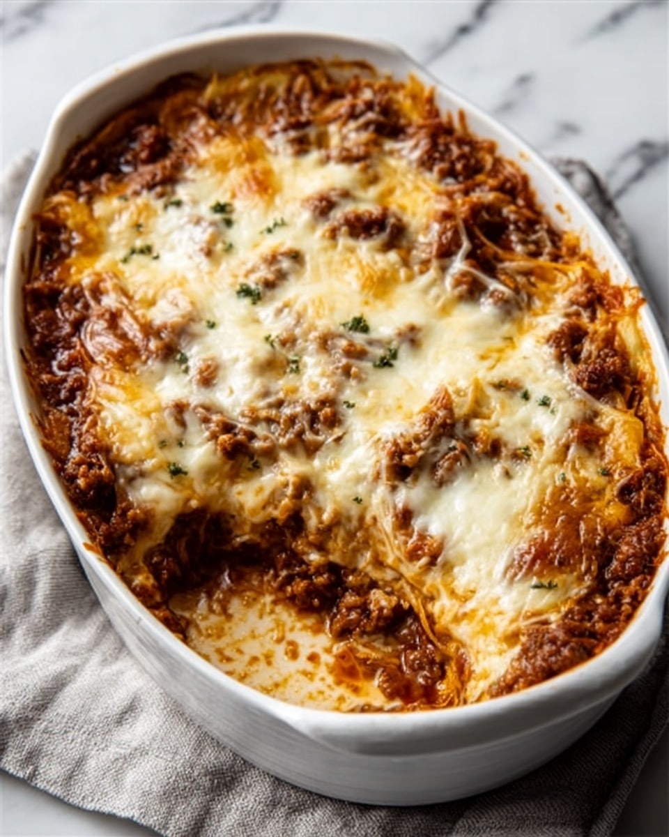 A white oval baking dish filled with a baked casserole featuring multiple layers. The bottom layer appears to be a rich, browned meat sauce with a chunky texture, topped by a thick layer of melted white cheese that is bubbly and golden brown in spots. The cheese shows slight browning and crisp edges where it meets the dish. The dish is placed on a light gray cloth on top of a white marbled surface. Photo taken with an iphone --ar 4:5 --v 7