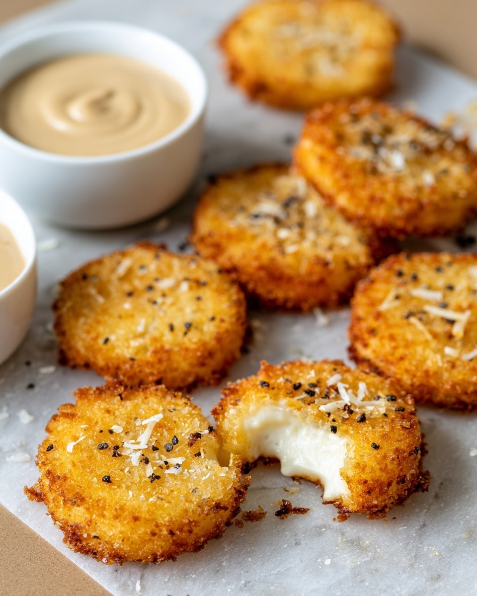 The image shows several golden-brown crispy rounds with a crunchy texture, scattered on a white marbled surface. One round is broken in half, revealing a soft, white creamy inside. The crispy tops have small black pepper bits and tiny shreds of cheese sprinkled unevenly. In the background, there are two small white bowls filled with smooth beige dipping sauce, one bowl partially visible. The overall setting looks simple and clean with a focus on the contrast between the crunchy outer layer and the creamy filling inside. Photo taken with an iphone --ar 4:5 --v 7