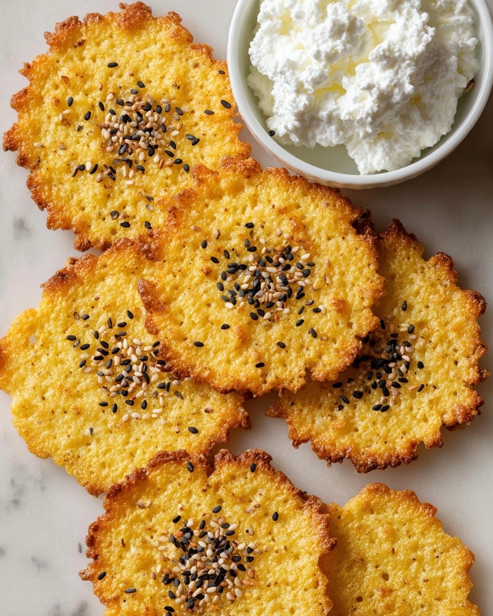 Seven round, golden-yellow crispy crackers with a bubbly texture and slightly darker, crunchy edges, each sprinkled with a mix of black and white sesame seeds, are arranged closely on a white marbled surface. Two white ramekins filled with fluffy white ricotta cheese are placed near the top of the image. The crackers have a crispy, uneven surface with varying shades of golden brown and yellow, showing their textured, crunchy nature. Photo taken with an iphone --ar 4:5 --v 7