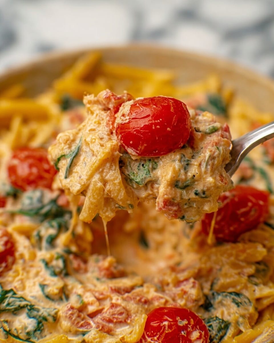 The image shows a close-up of a creamy pasta dish with visible layers of sauce and ingredients. The base layer is a thick, creamy light pink sauce with bits of green spinach and soft chunks of tomato mixed throughout. On top of this, there are bright red cherry tomato halves, partly covered with melted cheese that is golden yellow and slightly stringy. The dish is being scooped with a silver fork, lifting some pasta noodles and a cherry tomato from the creamy sauce. The background has a white marbled texture. photo taken with an iphone --ar 4:5 --v 7