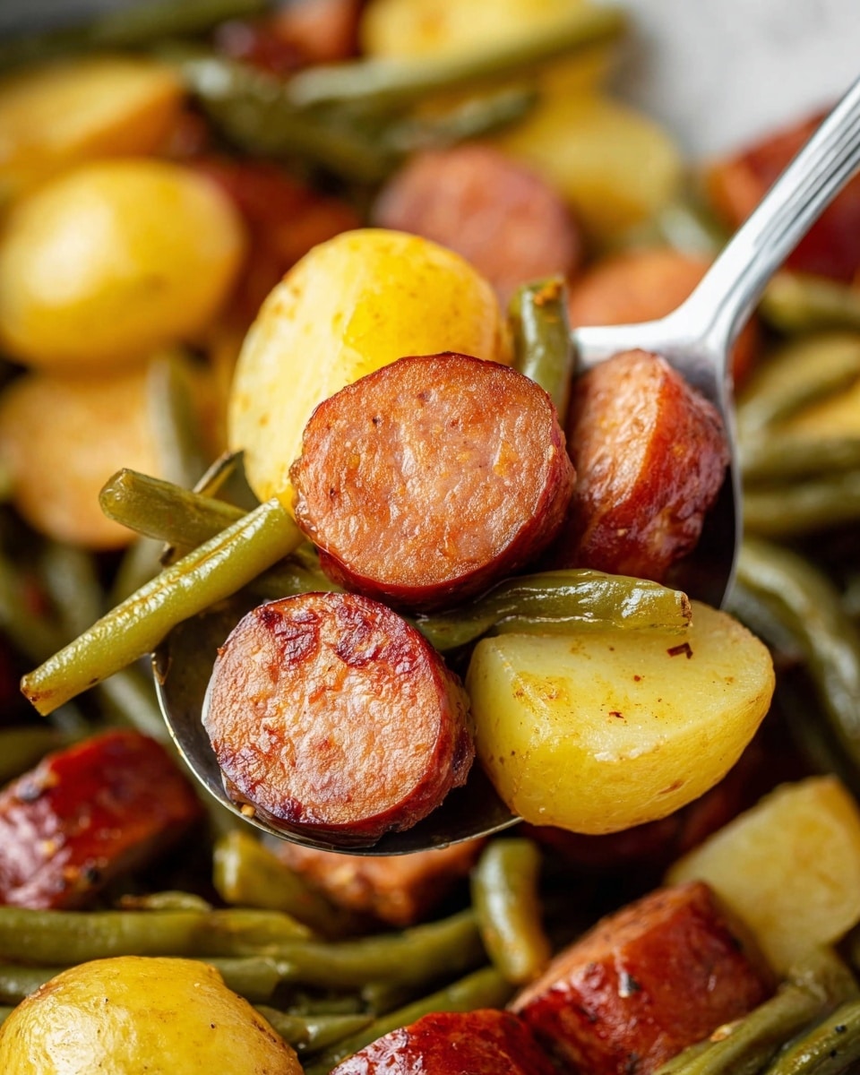 A close-up of a spoon filled with a cooked dish showing three thick sausage slices that have a reddish-brown, slightly crispy outer layer and a juicy, textured inner part. The spoon also holds two halved yellow potatoes with smooth, slightly shiny skins and soft yellow interiors, and several long green beans that look tender and slightly wrinkled. The background shows more pieces of the same green beans, halved yellow potatoes, and sausage slices mixed together on a white marbled surface. photo taken with an iphone --ar 4:5 --v 7