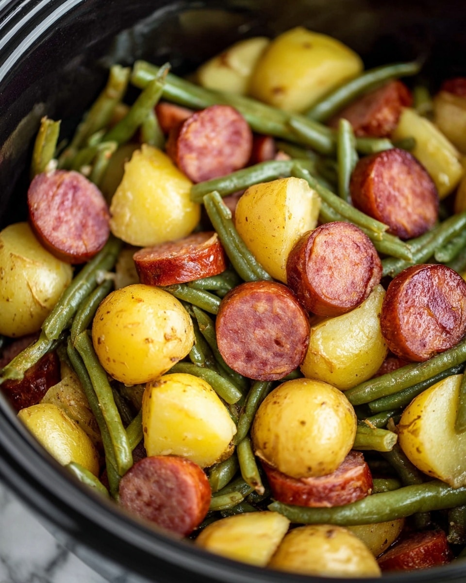 A close-up view inside a black pot filled with a dish made of three main layers: small yellow potatoes cut into halves, their smooth and soft skin visible; green beans, long and slender with a slightly wrinkled texture, evenly mixed among the potatoes; and slices of round sausage, deep red with a slightly browned surface, scattered on top and throughout the dish, creating a colorful contrast. The ingredients look well cooked and mixed together naturally. The background is a white marbled texture photo taken with an iphone --ar 4:5 --v 7