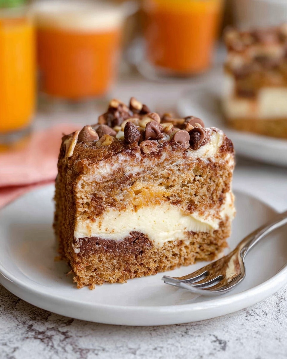 A close-up image of a single slice of cake on a white plate, showing three layers: a dense, light brown crumb base, a creamy textured white middle layer, and a top layer with a slightly cracked light brown surface mixed with melted chocolate chips scattered across. The background includes out-of-focus glasses of orange and white drinks, all placed on a white marbled surface. A fork lies in the foreground near the plate. Photo taken with an iphone --ar 4:5 --v 7
