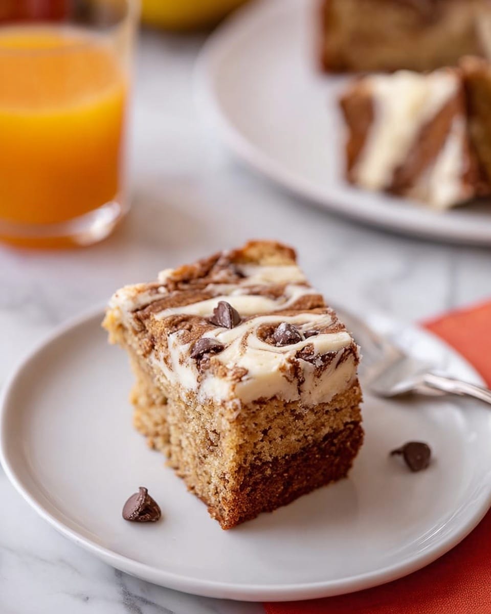 A single slice of cake sits on a white plate, showing two layers. The bottom layer is a light brown cake base with a rough texture. The top layer has white creamy swirls mixed with chocolate chips, some slightly melted, creating a marbled look. The cake slice edge looks soft and moist. In the background, a white plate with more cake is partially visible, along with a glass of orange drink. The whole scene is set on a white marbled surface. Photo taken with an iphone --ar 4:5 --v 7
