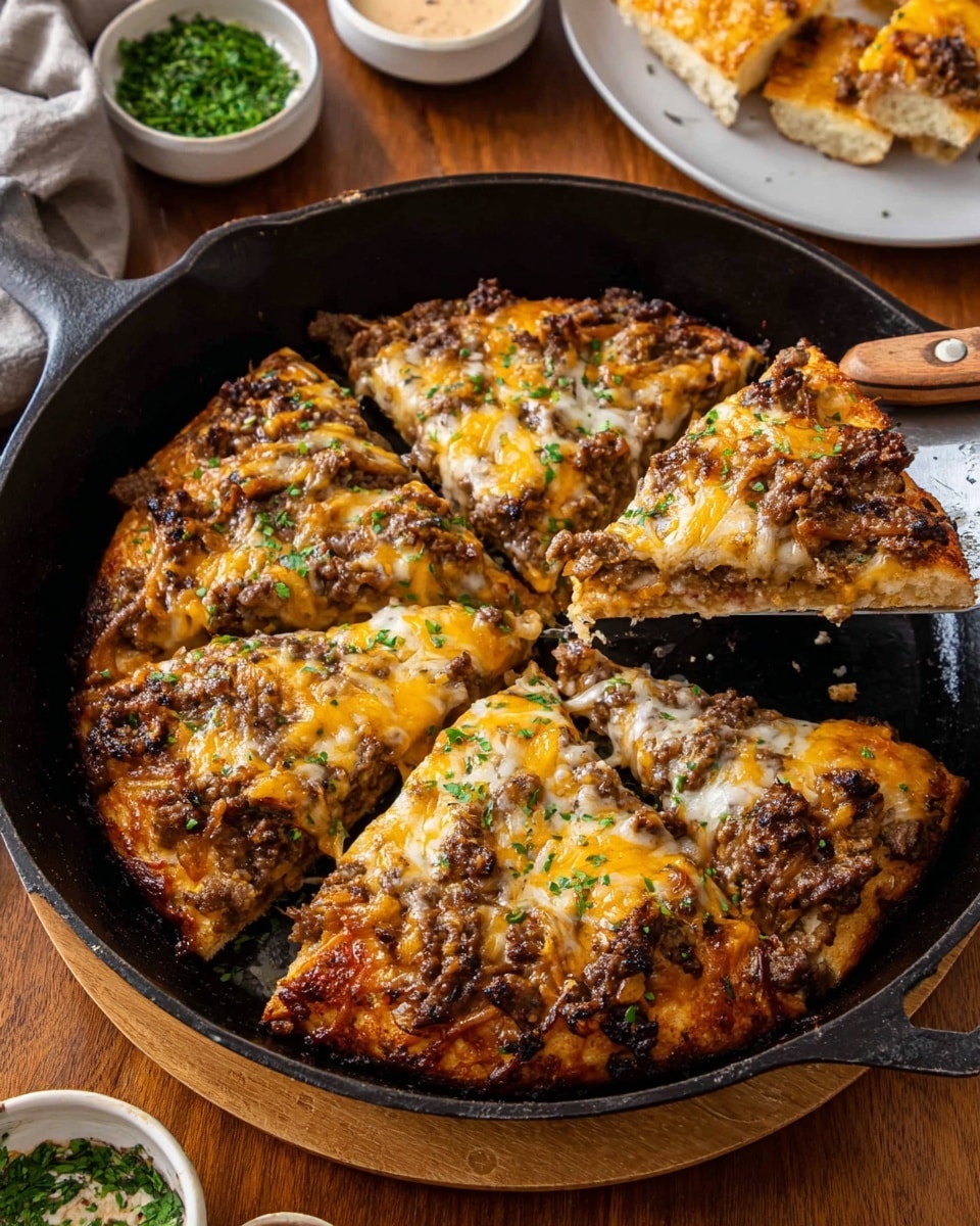 A black cast iron pan holds a pizza sliced into seven pieces, with one slice being lifted by a metal spatula with a wooden handle. The pizza has a golden brown crust base layer, topped with a generous layer of cooked ground beef mixed with sautéed onions. Above this is a thick, melted cheese layer blending white and orange colors, bubbly and slightly browned with scattered green garnish on top. The pan sits on a wood table, surrounded by small white bowls filled with green herbs and a creamy sauce, with a piece of similar cheesy bread on a white plate in the background. Photo taken with an iphone --ar 4:5 --v 7