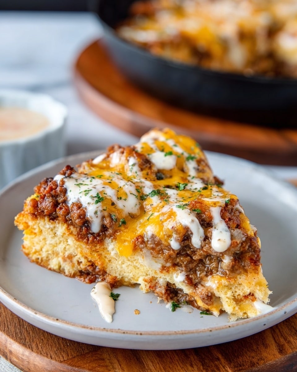 A slice of layered casserole sits on a white plate with a smooth texture, which is placed on a round wooden board on a white marbled surface. The bottom layer is a thick, golden-brown bread or biscuit base with a crumbly texture. Above it is a mix of ground meat browned with a rich, slightly oily look. The top layer is covered by melted yellow and white cheese, browned in spots, drizzled with a light creamy sauce and sprinkled with small green herbs for color contrast. In the background, part of the full casserole pan is visible, showing more of the same cheesy meat mixture. Photo taken with an iphone --ar 4:5 --v 7