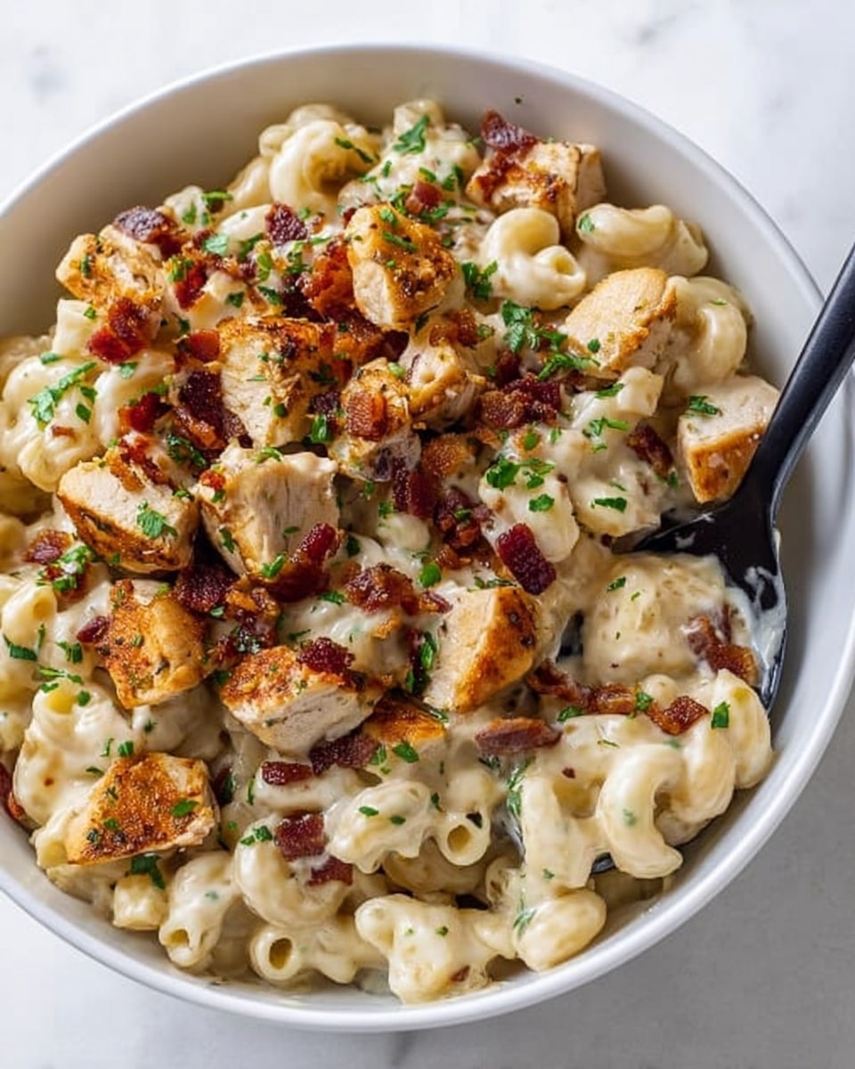 The image shows a white bowl filled with creamy macaroni pasta mixed with chunks of golden brown cooked chicken and small pieces of crispy bacon, all sprinkled with finely chopped green herbs on top. The creamy pasta is smooth and light beige, serving as the base layer, while the chicken pieces sit scattered evenly across the top, each with a slightly crispy, browned exterior. The bacon bits add a deep reddish-brown color and crunchy texture, contrasting with the soft pasta and tender chicken. A black spoon is partially dipped into the bowl, ready to scoop up the meal. The bowl sits on a white marbled surface. photo taken with an iphone --ar 4:5 --v 7