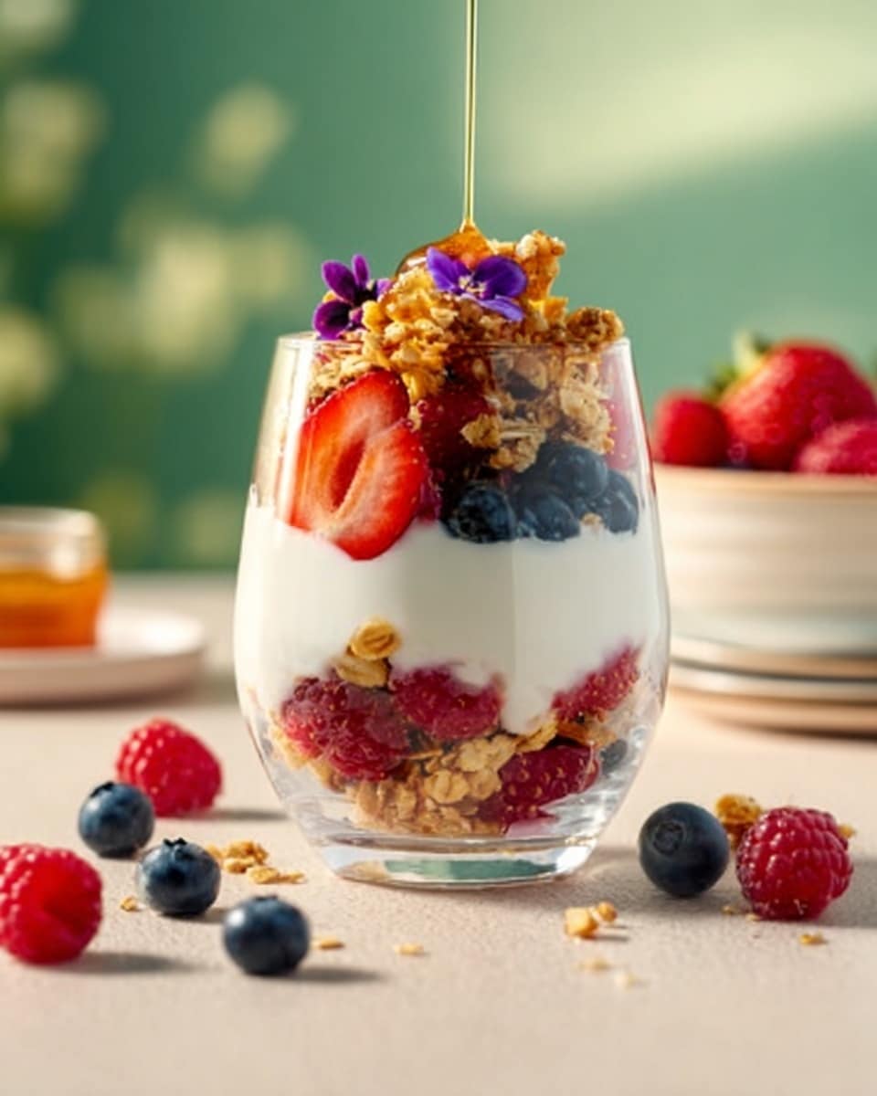 A clear glass filled with a layered dessert showing three main layers: the bottom layer has red raspberries and small crunchy granola pieces, the middle layer is white creamy yogurt, and the top layer consists of more granola with honey being poured on it, fresh strawberries cut in half, whole blueberries, and little purple flower toppings. The glass sits on a light beige surface with scattered raspberries and blueberries around it. In the background, there is a white plate with more berries, and the overall scene has a soft green blurred background. photo taken with an iphone --ar 4:5 --v 7