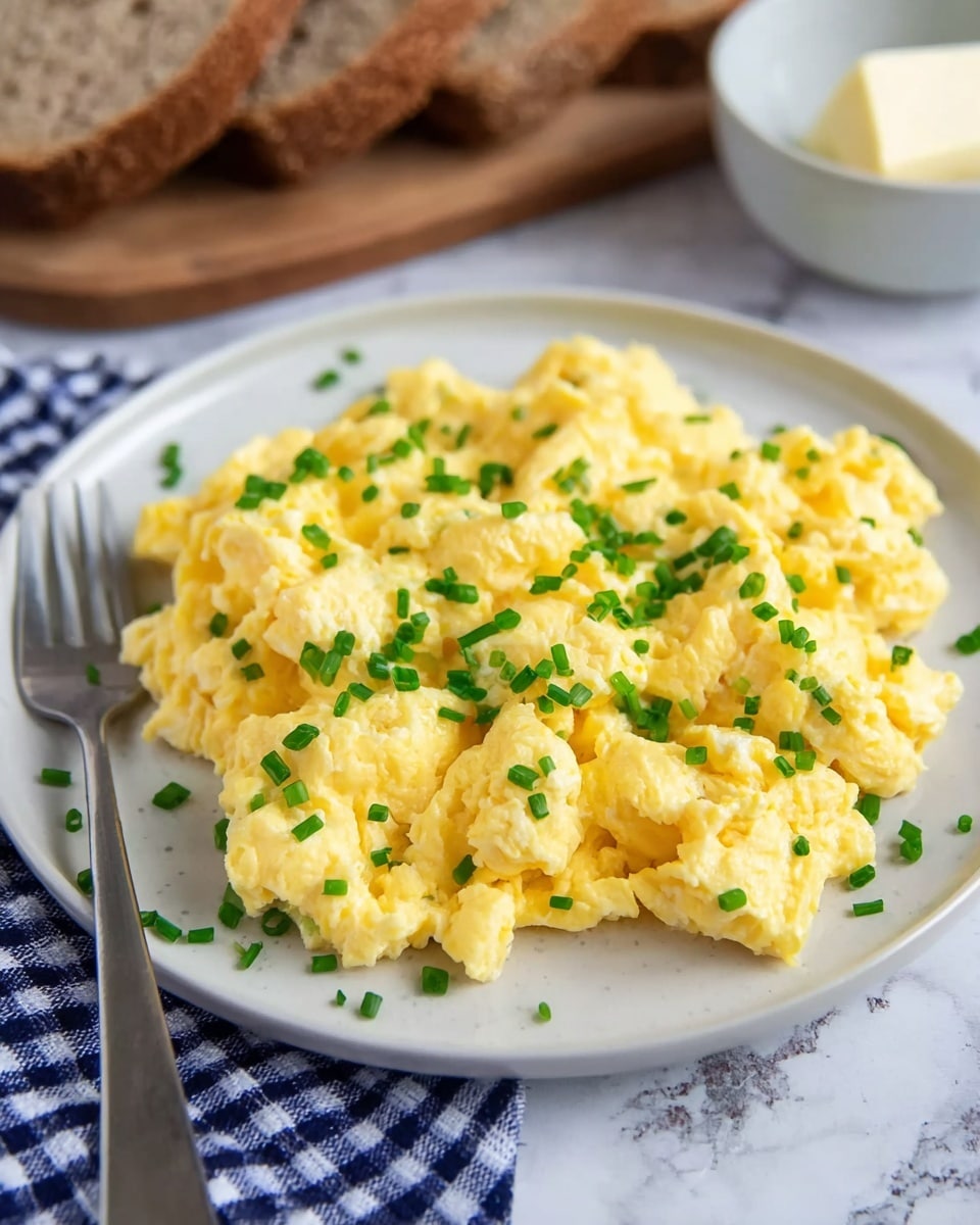 The image shows a white plate with a single layer of light yellow scrambled eggs that have a soft, fluffy texture. The eggs are topped evenly with small, bright green chopped chives scattered across the surface. To the left of the plate lies a silver fork resting on a blue and white checkered cloth. In the background, on a wooden board, there are slices of brown bread and a white bowl of butter, all placed on a white marbled textured surface. Photo taken with an iphone --ar 4:5 --v 7