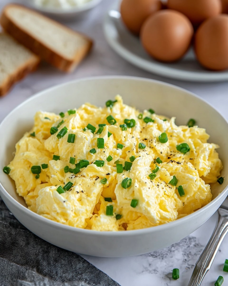 A white bowl filled with soft, fluffy scrambled eggs that have a light yellow color and a slightly creamy texture. The eggs are topped with small pieces of bright green chopped chives, scattered evenly across the surface. The bowl sits on a white marbled texture, with a blurred background showing brown eggs and a piece of bread on a white plate, alongside a small container of white cottage cheese and some green onions. photo taken with an iphone --ar 4:5 --v 7