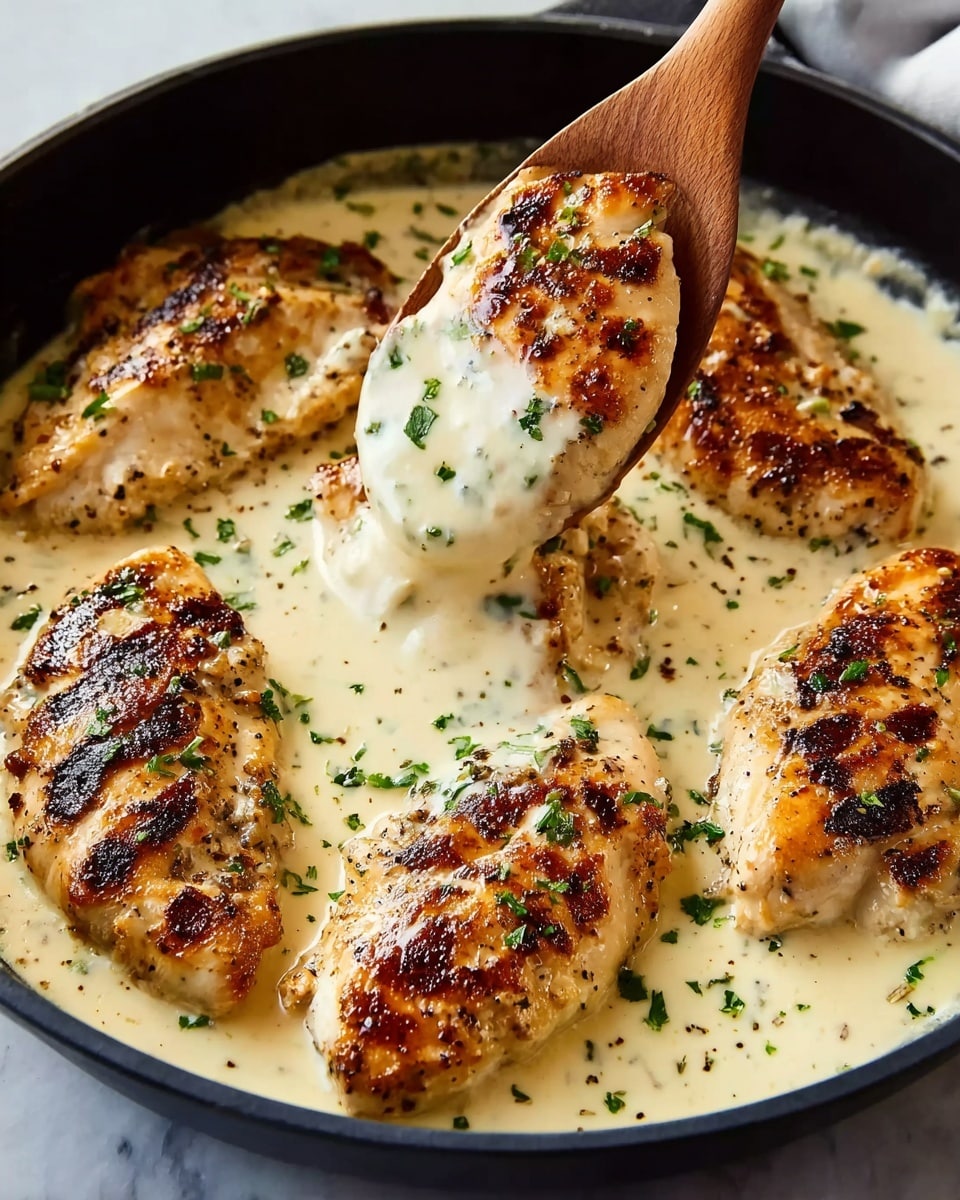 A black pan holds five grilled chicken breasts, each with golden brown grill marks and slightly crispy edges. The chicken pieces rest in a thick creamy white sauce that covers the pan's bottom, sprinkled lightly with finely chopped green herbs. A woman's hand holds a wooden spoon lifting one chicken breast from the sauce, showing the sauce dripping off. The sauce looks smooth and rich, coating the chicken well. The background and surface have a white marbled texture. photo taken with an iphone --ar 4:5 --v 7