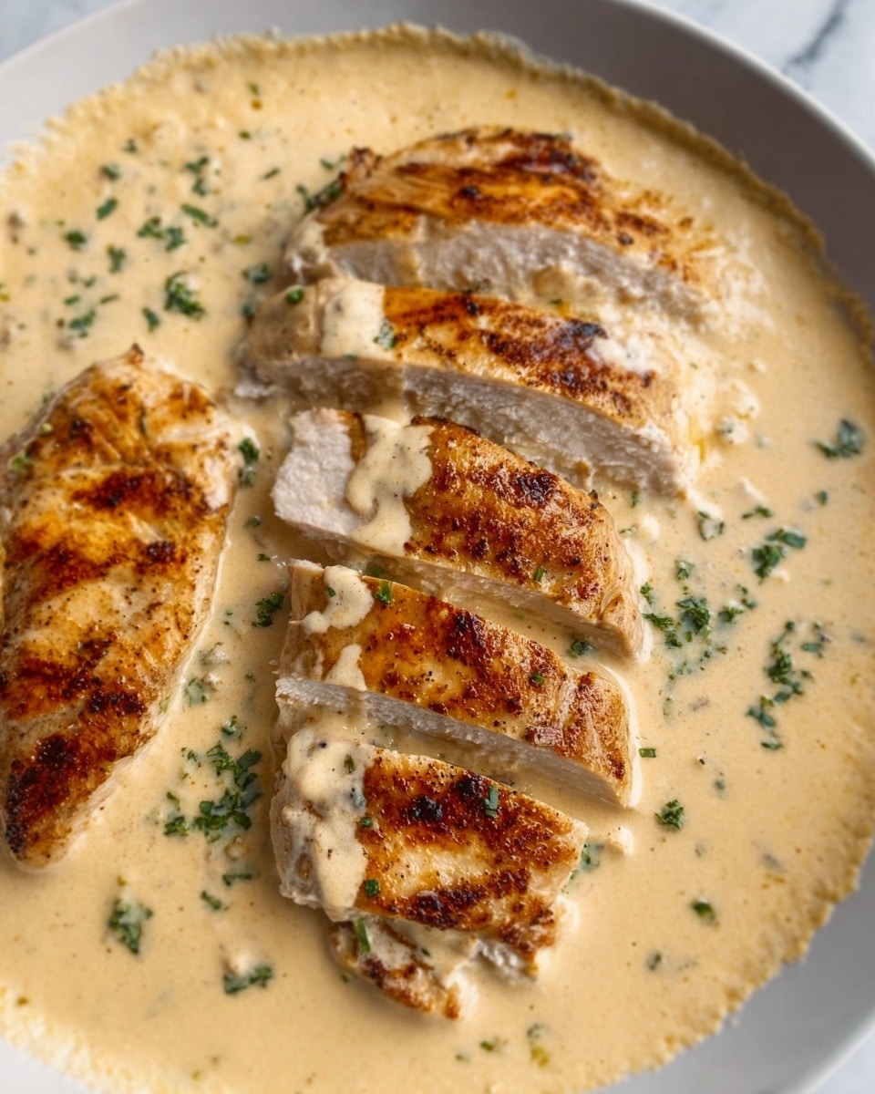The dish shows several slices of cooked chicken breast arranged in a white bowl, covered in a creamy light beige sauce with a smooth texture. The chicken has a golden brown grilled surface with light char marks, and the creamy sauce surrounds it evenly, with some small green herb pieces scattered on top for garnish. The scene is set on a white marbled surface. Photo taken with an iphone --ar 4:5 --v 7