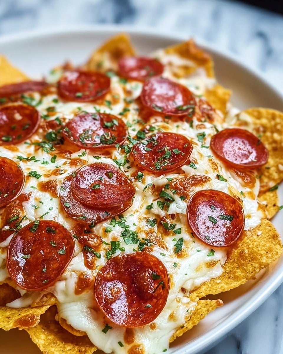 The dish shows a white plate filled with multiple layers of crispy, golden-yellow nacho chips at the bottom, topped with a thick, melted layer of bubbly white cheese with slight browned spots. On top of the cheese, there are evenly spaced, round slices of bright reddish-brown pepperoni with a slightly glistening surface. The entire dish is sprinkled with small, chopped green herbs, adding a pop of color all over. The background features a white marbled surface. Photo taken with an iphone --ar 4:5 --v 7