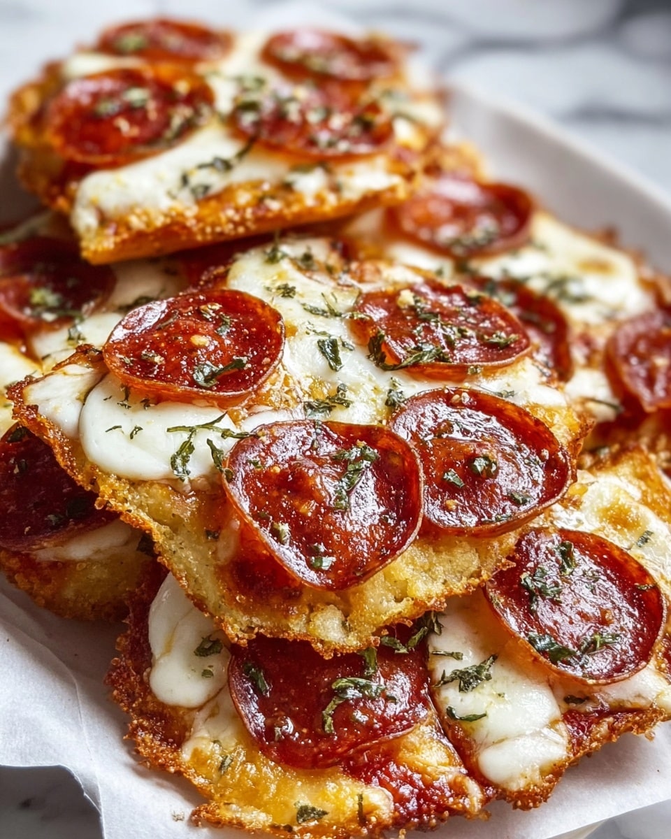 The image shows multiple small pizza pieces stacked closely together, each with three distinct layers: a crispy golden-brown crust that looks crunchy, a smooth layer of melted white mozzarella cheese slightly browned on the edges, and three bright red pepperoni slices with a glistening oily texture on top. The pepperoni has a slightly curled edge and is sprinkled with small bits of green herbs. The pizzas are placed on white parchment paper over a white marbled surface. Photo taken with an iphone --ar 4:5 --v 7