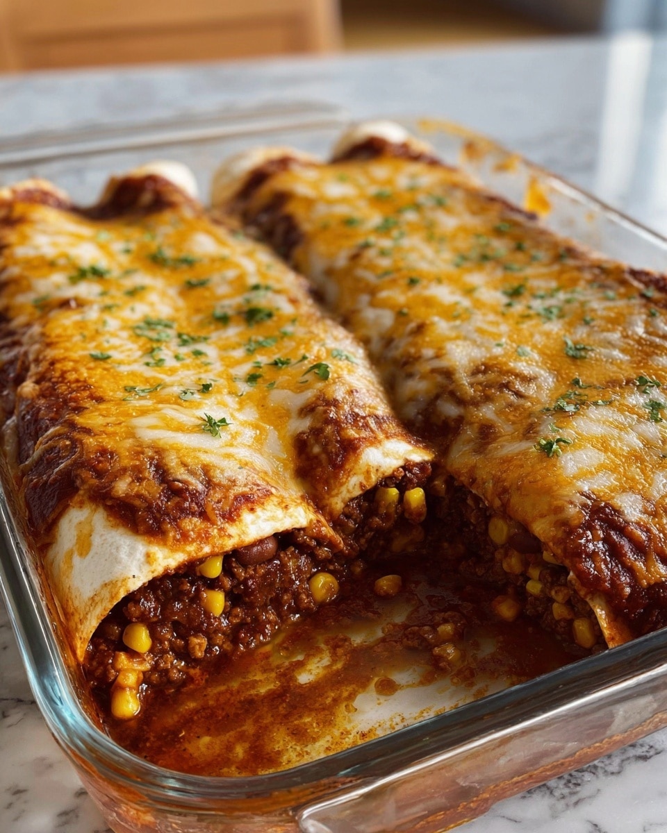 A glass baking dish holds two large burritos placed side by side, each burrito fully covered with a thick layer of melted, browned cheese that has some green garnish sprinkled on top. One burrito is cut open to show the inside layers: the outer soft tortilla layer, then a thick filling of ground meat mixed with yellow corn kernels and beans in a brown sauce. The cheese on top has a bubbly, golden texture with darker brown spots from baking. The dish rests on a white marbled surface with a softly blurred background. Photo taken with an iphone --ar 4:5 --v 7