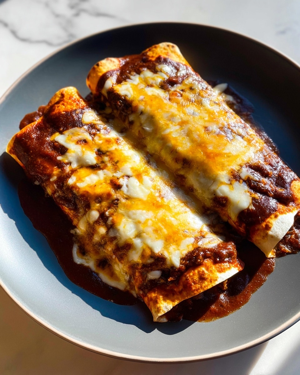 Two rolled enchiladas sit side by side on a white plate, each covered by a thick layer of rich, dark red sauce that oozes slightly onto the plate. The enchiladas are topped with a layer of melted cheese that is a mix of creamy white and golden yellow, slightly browned in spots, giving a gooey texture. The edges of the tortillas show a bit of toasting with a light brown color. The plate rests on a white marbled surface with soft natural light highlighting the shiny, melted cheese and sauce. Photo taken with an iphone --ar 4:5 --v 7