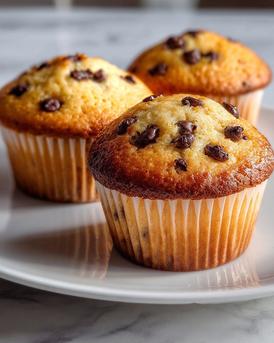 The image shows three muffins placed on a white plate with a smooth, shiny surface. Each muffin has a golden-brown top with a slightly crispy texture, dotted with small, melted dark chocolate chips. The muffin liners are light beige with subtle vertical ridges that add texture to the base. The muffins appear moist and fluffy, with the middle muffin being the closest and most detailed, showing a gradient of brown hues from the edges to the lighter center. The background is softly blurred, highlighting the muffins and emphasizing their warm colors, all set against a white marbled surface. photo taken with an iphone --ar 4:5 --v 7