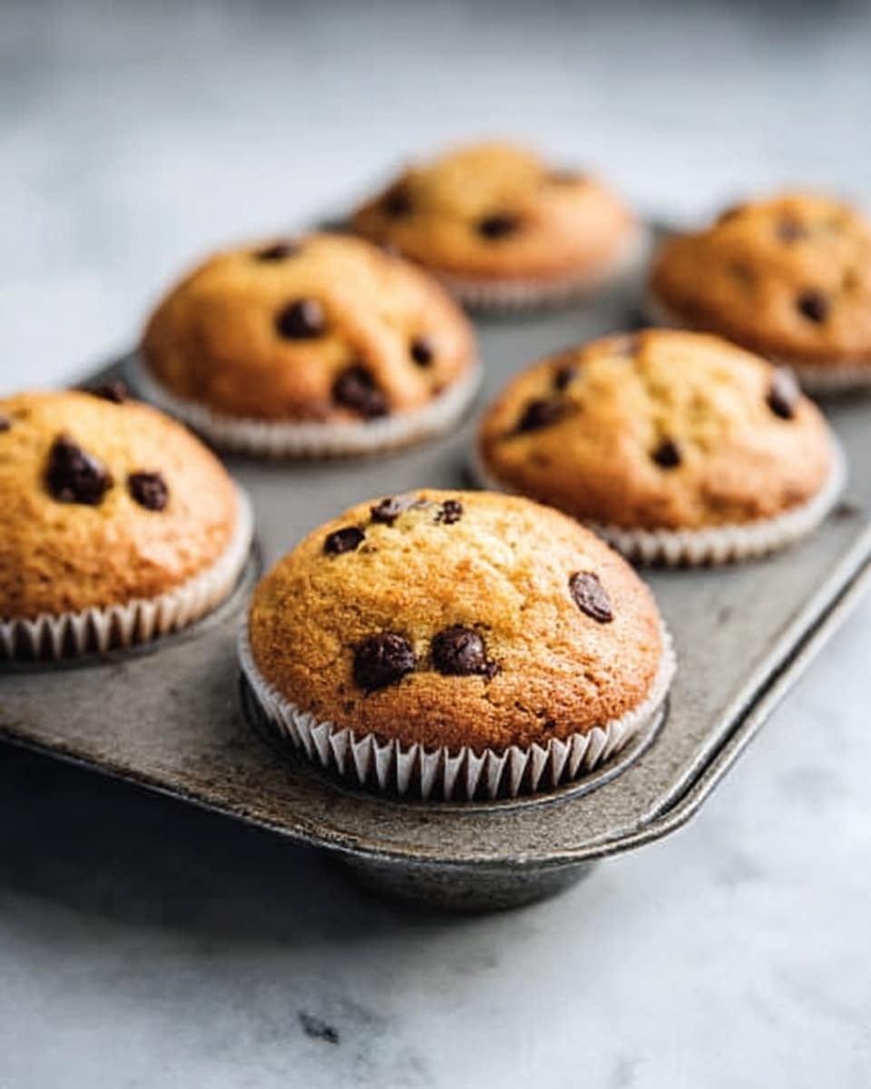 The image shows a close-up of a metal muffin tray holding six golden brown muffins with dark chocolate chips spread on top and inside. The muffins are in white paper liners and have a slightly cracked, soft texture on top. The tray sits on a white marbled surface, and the background is softly blurred with more muffins seen in the distance. The lighting is natural and bright, highlighting the warm and fresh baked look of the muffins. photo taken with an iphone --ar 4:5 --v 7