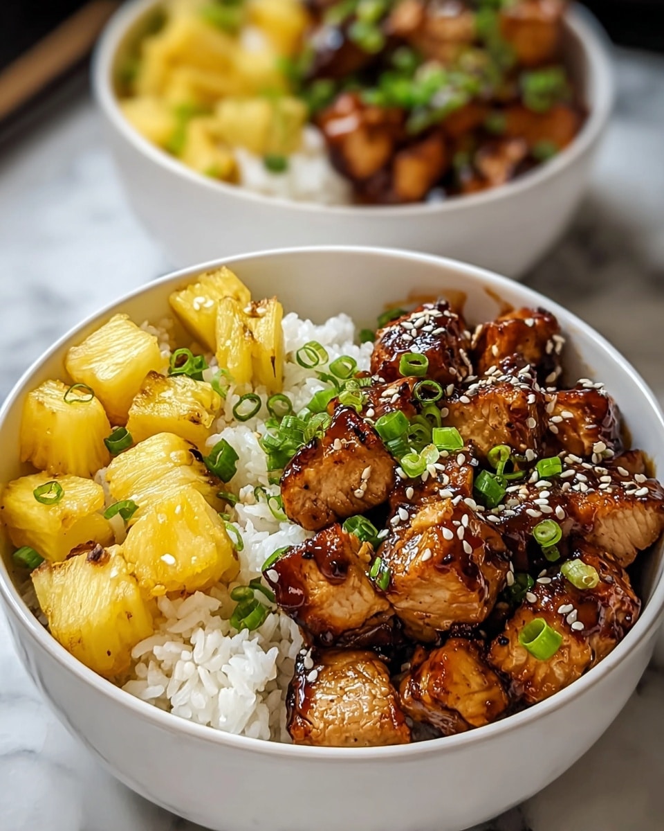 A white bowl filled with three main layers sits on a white marbled surface. The bottom layer is white steamed rice, visible at the edges. On one side, there are golden yellow grilled pineapple chunks with light browning and specks of green onion on top. The other side has neatly arranged cubed grilled chicken pieces glazed with a dark, shiny sauce and topped with white sesame seeds and chopped green onions, creating a fresh contrast. Another similar white bowl with the same contents is blurred in the background. Photo taken with an iphone --ar 4:5 --v 7