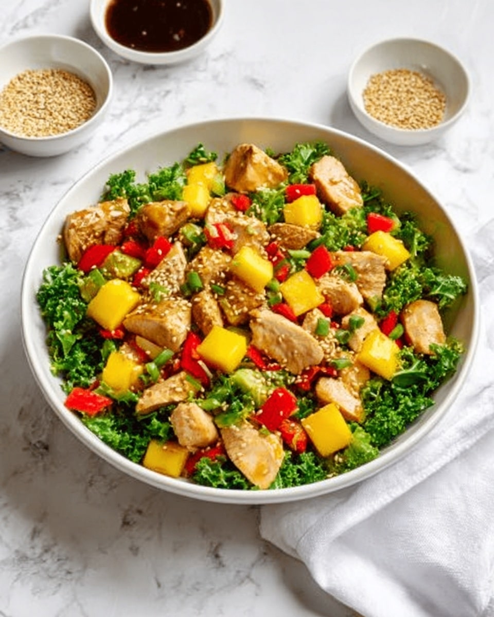 The image shows a white bowl filled with a colorful chicken salad. The bottom layer is made of bright green kale leaves, giving a leafy texture. Above the kale, there are pieces of cooked chicken that are light brown with a slightly crispy texture. Scattered on top are diced yellow mango chunks and small red bell pepper pieces, adding vivid color contrast. The salad is sprinkled with sesame seeds, adding detail and texture. Around the bowl, there are small white bowls with sesame seeds and a dark brown sauce, and a white napkin is visible on the white marbled surface. photo taken with an iphone --ar 4:5 --v 7