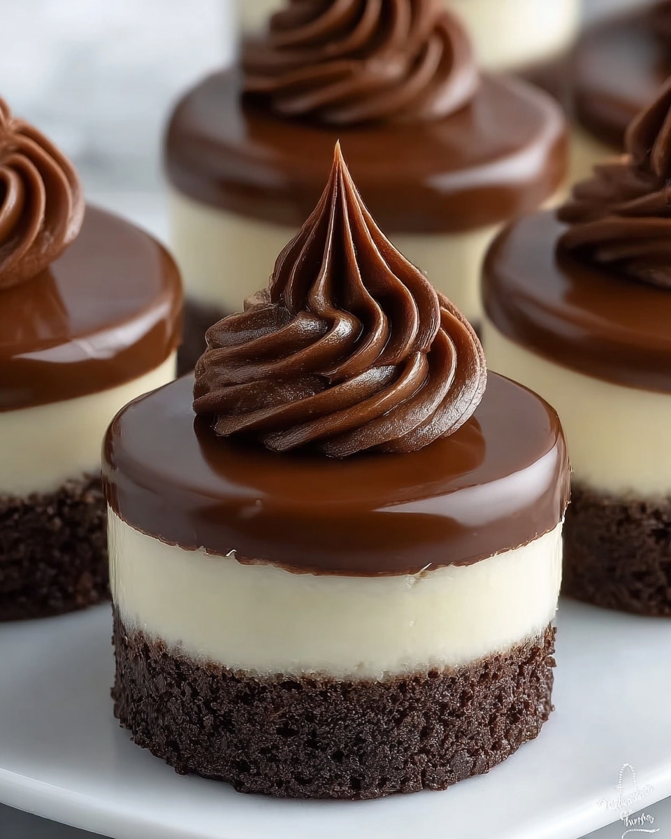 A small round dessert featuring three distinct layers: the bottom layer is a dark brown, moist cake base with a slightly rough texture, the middle layer is a thick, smooth, and creamy white filling, and the top layer is a glossy milk chocolate glaze with a shiny finish. On top of the chocolate glaze sits a piped swirl of rich, dark chocolate frosting with a smooth and slightly glossy texture, forming a peak at the center. The desserts are placed on a white plate against a white marbled background. photo taken with an iphone --ar 4:5 --v 7