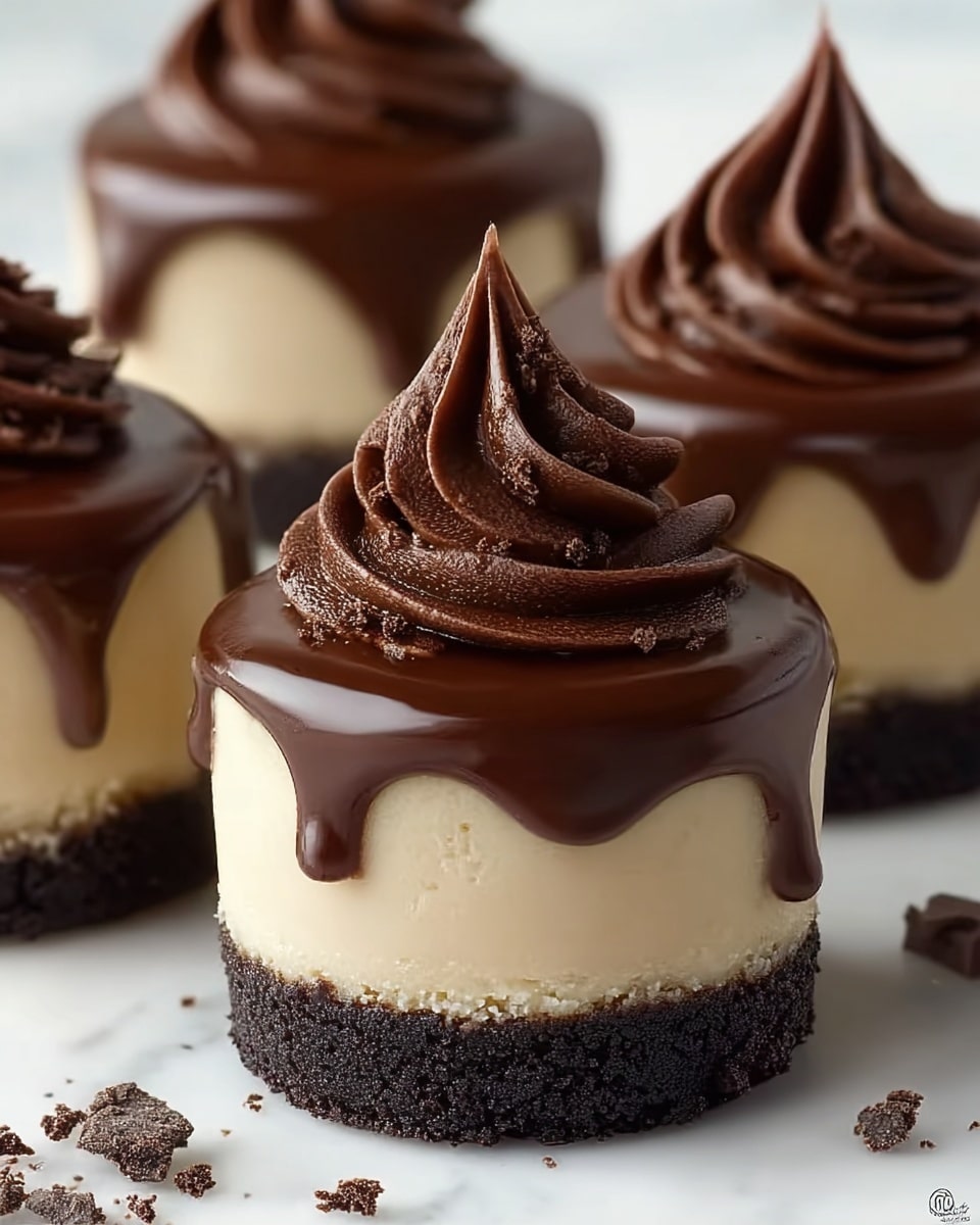 The image shows small round desserts with three clear layers, placed on a white marbled surface. The bottom layer is dark and crumbly like a chocolate cookie crust. The middle layer is smooth and creamy with a pale beige color. The top layer is a glossy chocolate ganache that drips slightly down the sides. On top of each dessert is a thick swirl of rich, dark chocolate frosting with soft, curvy folds. Scattered small pieces of chocolate crumbs are visible around the desserts. photo taken with an iphone --ar 4:5 --v 7