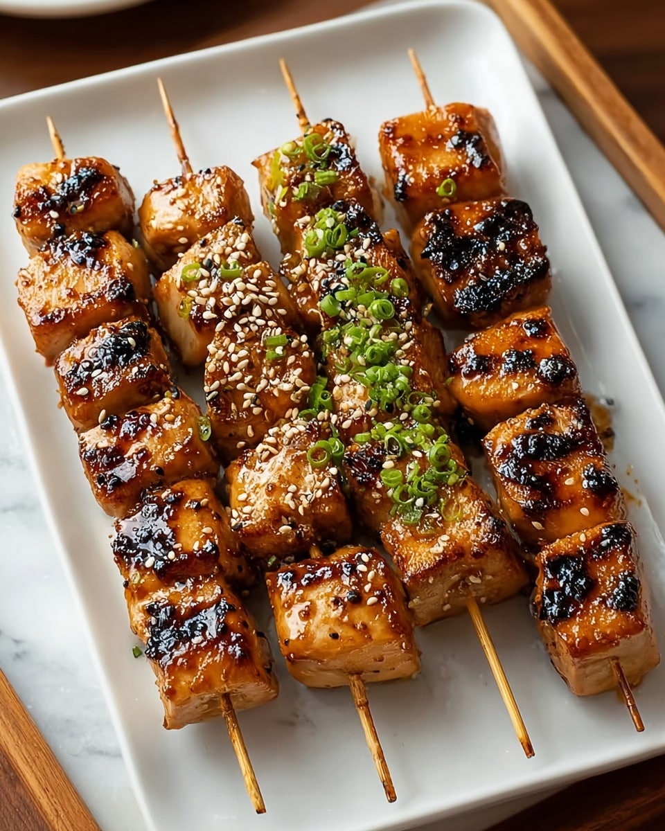 Four wooden skewers lay side by side on a white rectangular plate with a subtle pattern. Each skewer has five to six large cubes of grilled chicken, showing a shiny, golden-brown surface with dark grill marks and small charred spots. The chicken pieces have a sticky glaze coating, making them appear juicy and tender. The two middle skewers are sprinkled with white sesame seeds and finely chopped green onions, adding texture and a fresh green color contrast. The plate is placed on a white marbled surface, and the background includes blurred wooden elements. Photo taken with an iphone --ar 4:5 --v 7