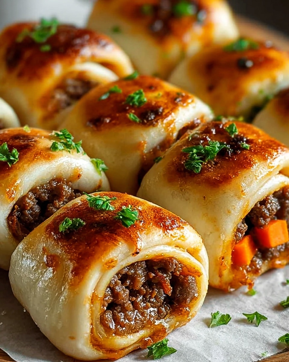 The image shows several golden-brown baked rolls arranged closely on white parchment paper set on a white marbled surface. Each roll has two visible layers: the outer layer is a smooth, baked dough with a shiny, slightly charred surface and a few small browned spots, while the inside layer is filled with a rich, dark brown ground meat mixture that includes small pieces of orange carrot. The rolls are garnished with small, chopped green herbs scattered on top, adding a fresh color contrast. The rolls are tightly rolled with the filling visible at the open ends, giving a textured appearance. photo taken with an iphone --ar 4:5 --v 7