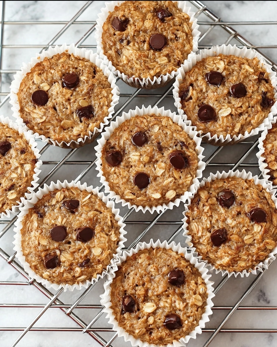 Nine oatmeal chocolate chip muffins are placed in white paper liners, arranged in three rows on a metal cooling rack. Each muffin has a rough texture with visible oats and several dark chocolate chips scattered on the top surface. The muffins are light brown with a slightly uneven top, showing the oat flakes clearly throughout. The cooling rack sits on a white marbled texture background. photo taken with an iphone --ar 4:5 --v 7