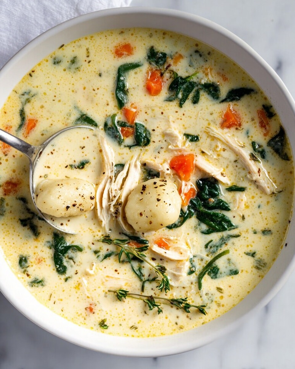 A close-up of a creamy soup served in a white bowl on a white marbled surface, showing three main layers: the base is a thick, pale yellow broth with tiny darker seasoning specks; mixed throughout are small, bright orange carrot sticks and dark green spinach leaves adding color contrast; scattered pieces of white shredded chicken add texture, while a spoon in the soup holds two soft, light beige gnocchi pieces sprinkled with black pepper, with a small sprig of fresh thyme resting on the surface. photo taken with an iphone --ar 4:5 --v 7