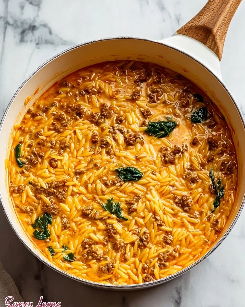 A white pot with a wooden handle filled with a creamy orange sauce mixed with small, bright golden-yellow orzo pasta pieces and browned ground beef scattered evenly throughout. There are a few soft, dark green spinach leaves floating on the surface, adding contrast. The texture looks thick and smooth with a rich color mix. The pot rests on a white marbled surface, creating a clean, light background. photo taken with an iphone --ar 4:5 --v 7