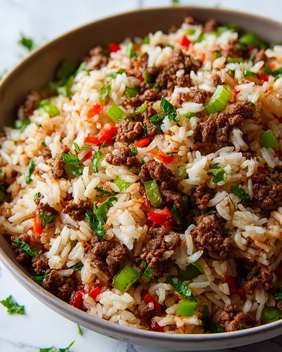 The dish shows a close-up of cooked rice mixed with small browned ground beef pieces and finely chopped red bell peppers, spread evenly throughout. Sprinkled on top are fresh bright green chopped scallions and small bits of green herbs, adding a fresh color contrast. The mixture's texture is soft with some granular rice grains visible, and the ingredients are served in a simple white bowl that rests on a white marbled surface. Photo taken with an iphone --ar 4:5 --v 7