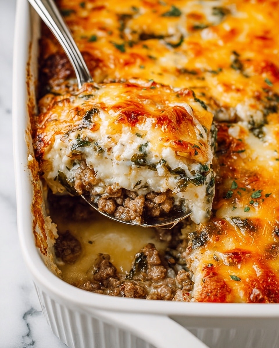 A white baking dish filled with a layered casserole, topped with melted golden-brown cheese that is slightly crispy at the edges. Below the cheese, there is a creamy, white cheesy layer mixed with green herbs. Under that is a layer of cooked ground beef mixed with finely chopped vegetables and herbs, appearing moist and crumbly. A silver spoon scoops part of the casserole, showing the different layers clearly: cheesy top, creamy middle, and meaty bottom. The dish is placed on a white marbled surface. photo taken with an iphone --ar 4:5 --v 7