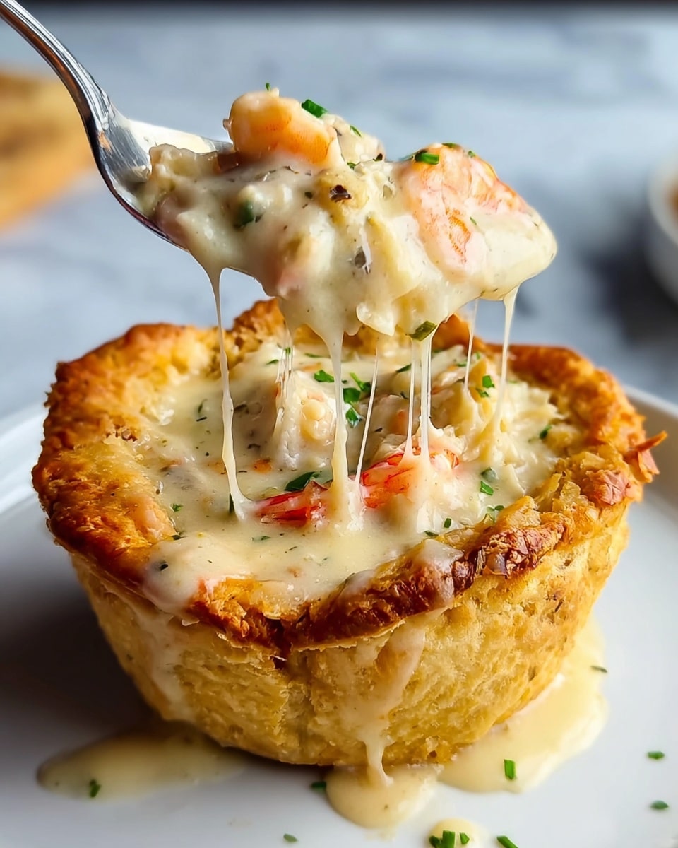 A golden-brown baked crust cup holds a creamy, thick seafood filling rich in white and light beige colors, with visible pieces of orange shrimp and small green herb bits on top. The creamy layer is smooth and melted with gooey cheese strands stretching from the spoon lifted above the crust. The crust has a rough, crispy texture with a slightly uneven edge, sitting on a simple white plate against a white marbled background. The spoon is angled slightly downward, showing the creamy filling dripping back into the crust. Photo taken with an iphone --ar 4:5 --v 7