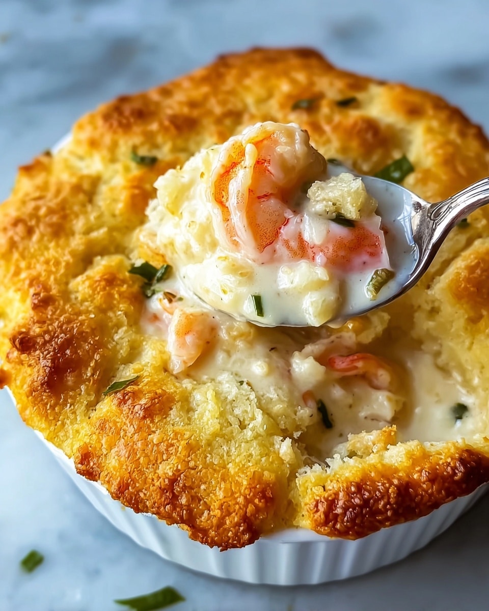 The image shows a dish with a golden brown, fluffy crust on top that looks light and crispy. Underneath the crust is a creamy mix of shrimp in a white sauce, with visible pink shrimp pieces and small green herb pieces scattered around. A shiny silver spoon is lifting a portion of the creamy shrimp filling with crust from a white dish, all sitting on a white marbled surface. The overall look is warm and inviting, with a contrast between the crunchy top and smooth inside. photo taken with an iphone --ar 4:5 --v 7