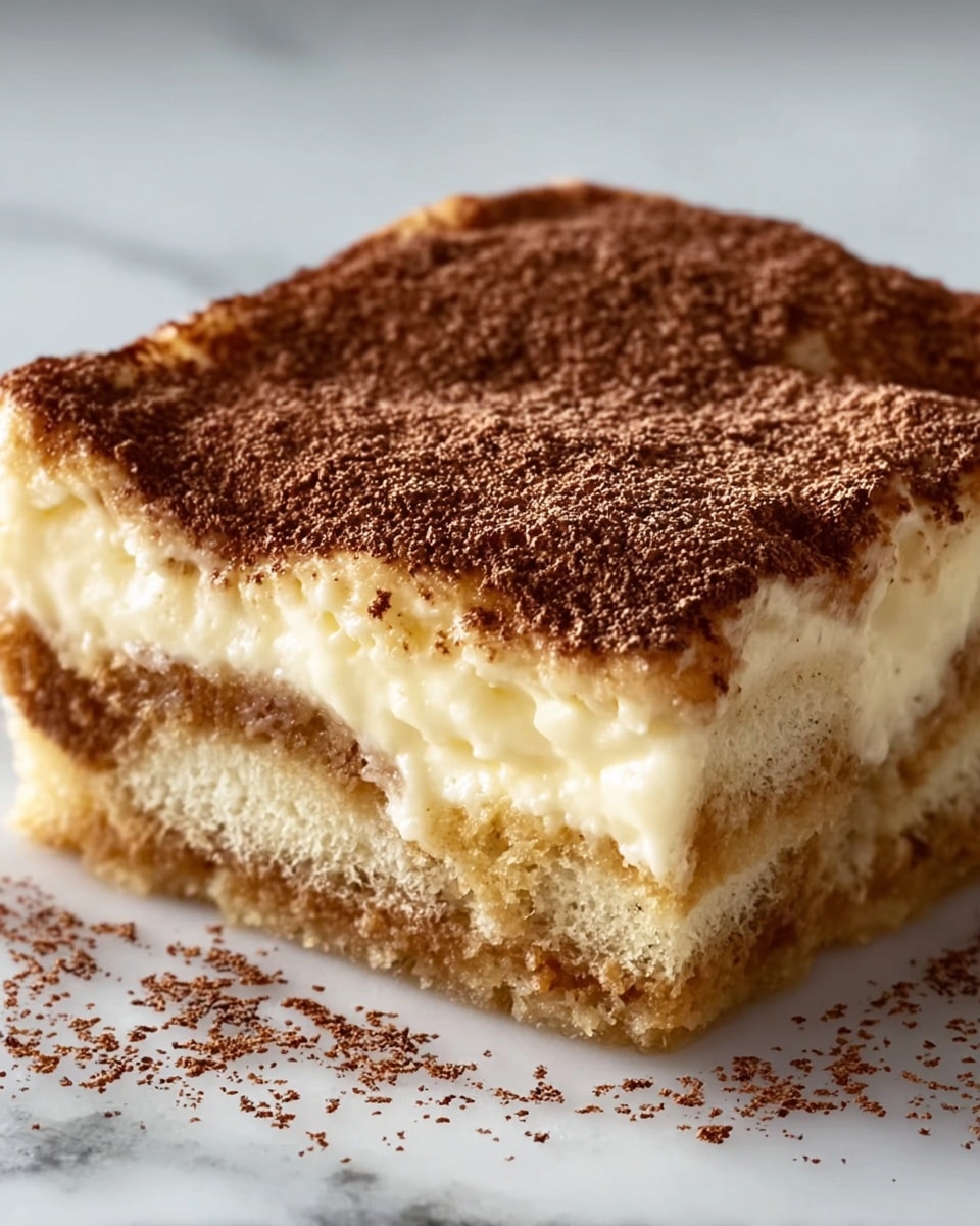 The image shows a close-up of a square slice of tiramisu. It has three visible layers: the bottom layer is a soft, light brown soaked cake or biscuit base, the middle layer is thick, creamy, and pale yellow, and the top layer is a light, fluffy cream dusted generously with fine cocoa powder, giving it a dark brown speckled look. The edges are slightly uneven and soft, and the dessert sits on a white marbled surface. photo taken with an iphone --ar 4:5 --v 7