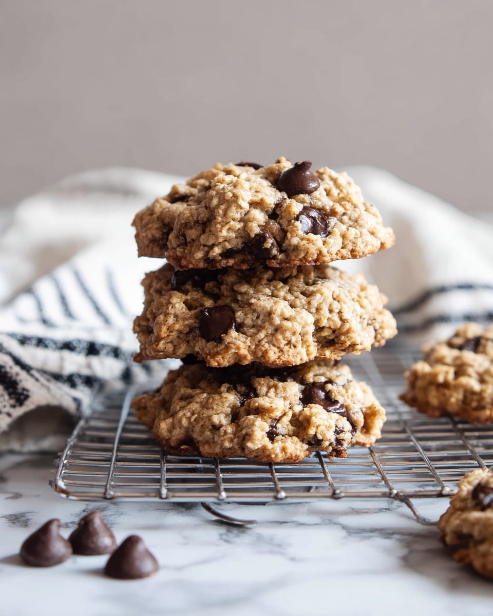 A stack of three thick oatmeal chocolate chip cookies rests on a silver cooling rack placed on a white marbled surface. Each cookie has a rough, crumbly texture with visible dark brown chocolate chips scattered throughout the light golden-brown dough. Around the stack, a few loose chocolate chips add to the scene. A white cloth with black stripes is softly draped in the background. The lighting highlights the cookies' texture, giving a fresh-baked, homemade feel. photo taken with an iphone --ar 4:5 --v 7