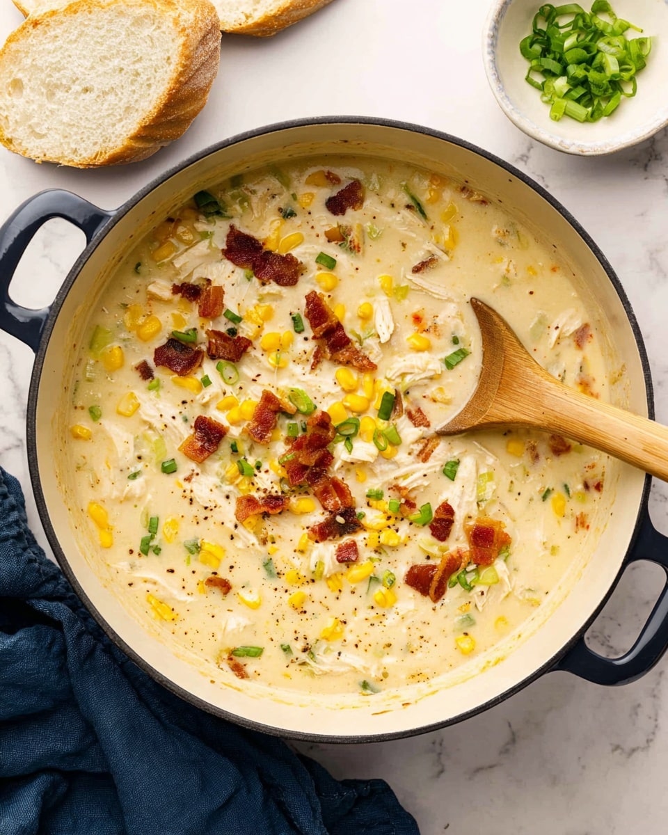 A bowl of creamy corn chowder with a thick white base filled with bright yellow corn kernels and small white potato chunks spread evenly throughout. Visible pieces of shredded chicken and small brown bacon bits are scattered on top, along with finely chopped green onions adding pops of green color. A silver spoon rests inside the bowl, scooping up some of the chowder to show its rich texture. Near the bowl, slices of crusty bread sit on a white marbled surface with a sprig of fresh green herbs nearby. photo taken with an iphone --ar 4:5 --v 7