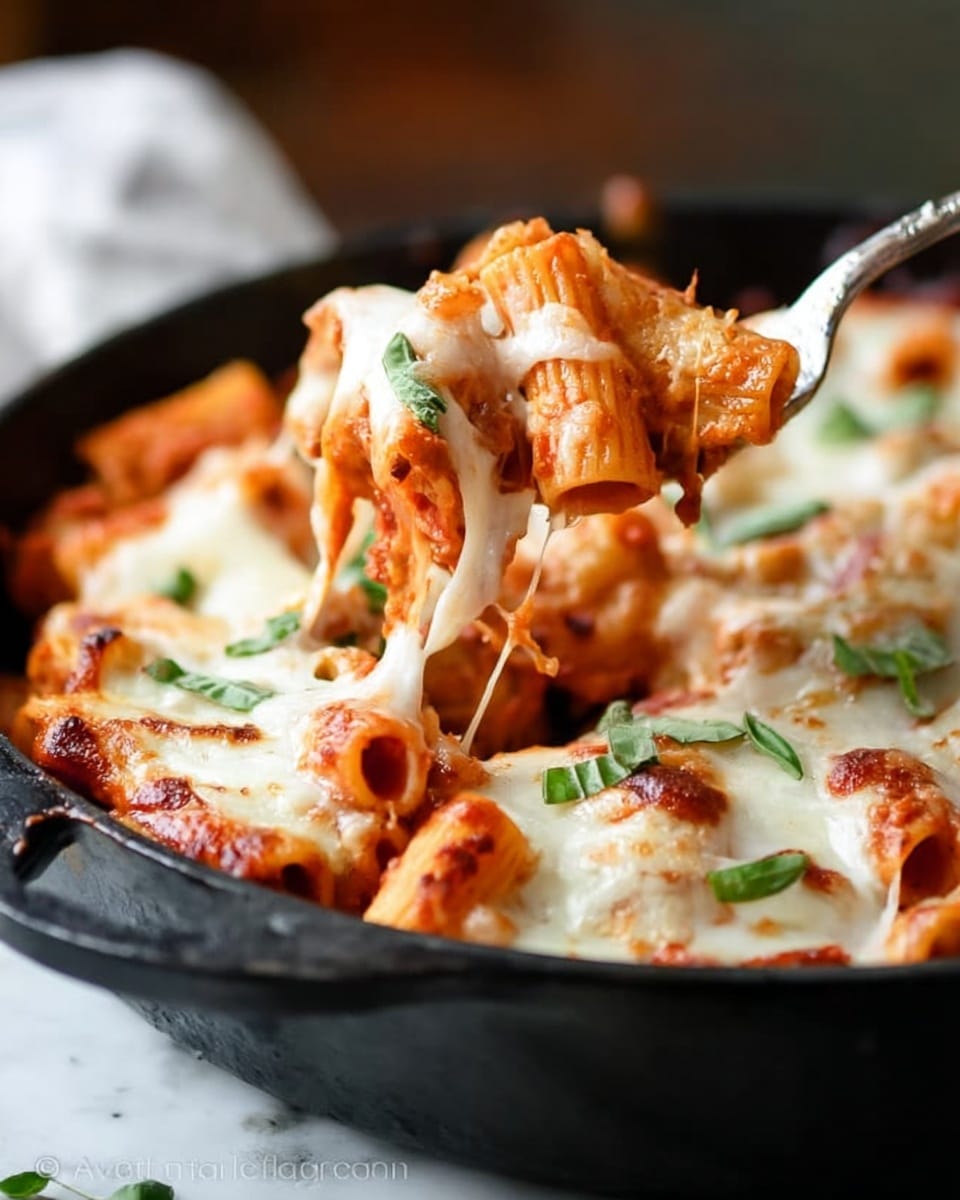 A close-up of a black cast-iron pot filled with baked rigatoni pasta covered in melted white cheese with a slightly golden top layer, and topped with small pieces of green basil leaves. The rigatoni pasta is rich orange from the thick tomato sauce underneath the cheese, with some pasta edges slightly browned and crispy. A fork held by a woman's hand lifts a piece of rigatoni, showing layers of pasta coated in sauce and stretchy melted cheese pulling from the pot. The pot sits on a white marbled surface with a blurred background. photo taken with an iphone --ar 4:5 --v 7