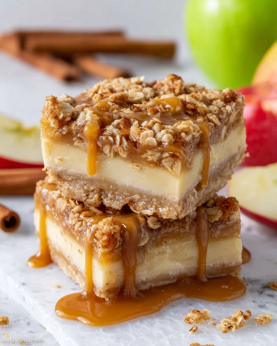 The image shows two square dessert bars stacked on a white surface with a white marbled texture, dripping with light brown caramel sauce. Each bar has three visible layers: a thick pale yellow creamy base, a middle layer of the same creamy texture but slightly lighter, and a crumbly oat topping in golden brown with small bits of oats and nuts. The caramel sauce covers the oat topping and drips down the sides. In the background, there are cinnamon sticks on the left and a few slices of red apple on the right with a green apple blurred in the back. Photo taken with an iphone --ar 4:5 --v 7