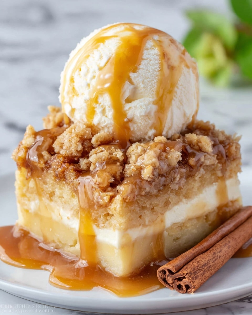 The image shows a close-up of a square piece of dessert with three visible layers. The bottom layer is a soft, light yellow cake base. The middle layer is a thick, smooth, cream-colored filling that looks rich and dense. The top layer is a crumbly, golden-brown streusel topping with small chunks and a crunchy texture. On top of this dessert piece sits a large, round scoop of white vanilla ice cream. Caramel sauce is drizzled over the ice cream and dessert, creating shiny golden streaks that drip down the sides. A cinnamon stick rests beside the dessert on a white plate with a white marbled texture background. photo taken with an iphone --ar 4:5 --v 7