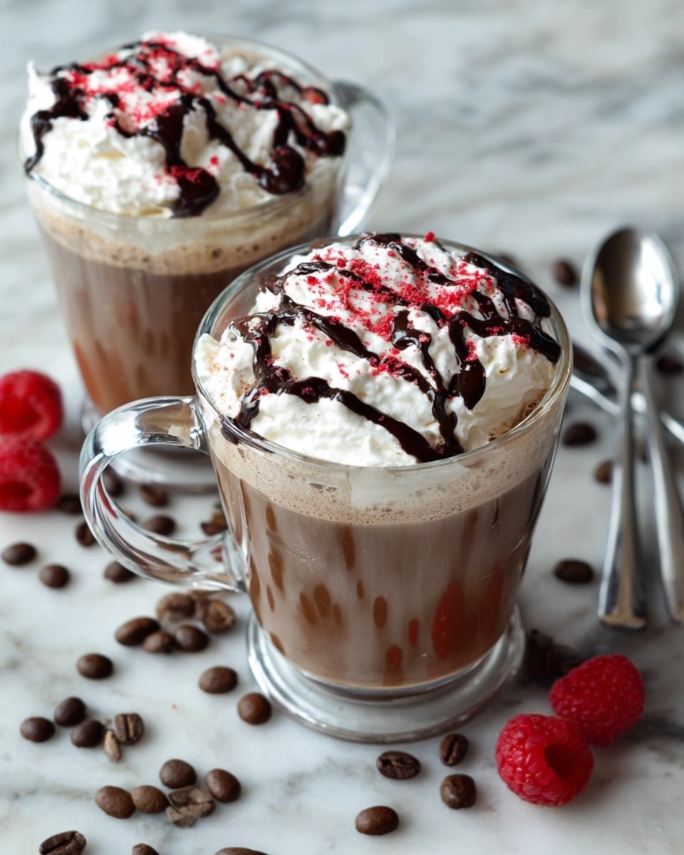 Two clear glass mugs each hold a layered drink starting with a light brown coffee base filled about three-quarters full, topped by a thick, fluffy white whipped cream layer that almost overflows the mug. Dark chocolate sauce is drizzled across the whipped cream in thin, irregular lines with small, bright red powder sprinkled on top for contrast. The mugs rest on a white marbled surface scattered with dark brown coffee beans and whole red raspberries. To the side, two metal teaspoons lie close together on the surface. Photo taken with an iphone --ar 4:5 --v 7