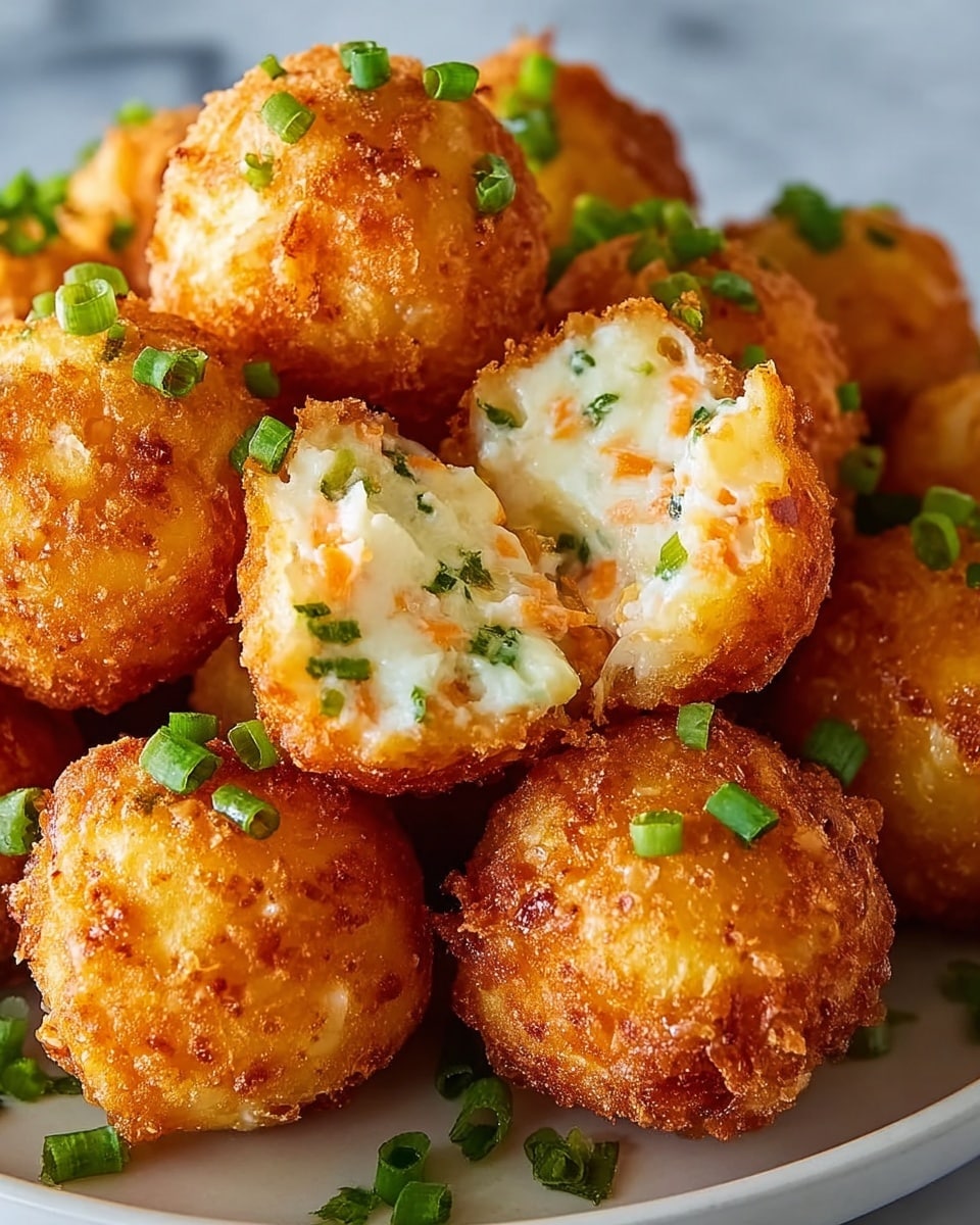The image shows a pile of small, round fried balls on a white plate, each with a golden-brown, crispy outer layer. Inside, the balls have a creamy white filling with small orange bits and green garnish pieces mixed throughout. Some balls are whole, while a few are cut in half to reveal the soft interior. Scattered green chives are sprinkled on and around the balls, adding a fresh color contrast. The background is a white marbled surface, giving a clean and bright look. Photo taken with an iphone --ar 4:5 --v 7