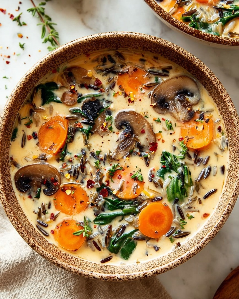 A close-up of a bowl filled with creamy soup with visible layers of ingredients, including bright orange carrot slices scattered on top, dark brown mushroom slices, green spinach leaves, and wild rice grains spreading throughout the light beige creamy broth. The soup is sprinkled with black pepper and red chili flakes, adding specks of dark and red colors on the surface. The bowl is round with a speckled brown outside texture, placed on a white marbled surface with part of a beige cloth visible beside it. Another bowl with similar soup is partly visible in the top right corner of the image. photo taken with an iphone --ar 4:5 --v 7