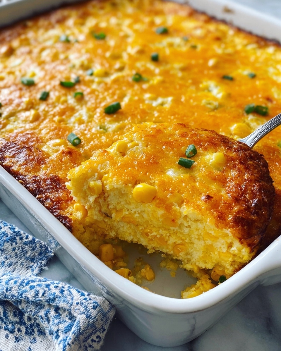 A close-up image of a golden-brown baked casserole in a white rectangular dish. The casserole has a textured top layer with a bubbly, crispy cheese crust dotted with small green herbs. Below the top, the bright yellow interior shows soft, moist layers mixed with whole corn kernels. One corner is scooped out with a spoon, revealing the inside's crumbly, tender texture and the spoon resting in the empty space. The dish is set on a white marbled surface with a striped cloth partially visible on the side. Photo taken with an iphone --ar 4:5 --v 7