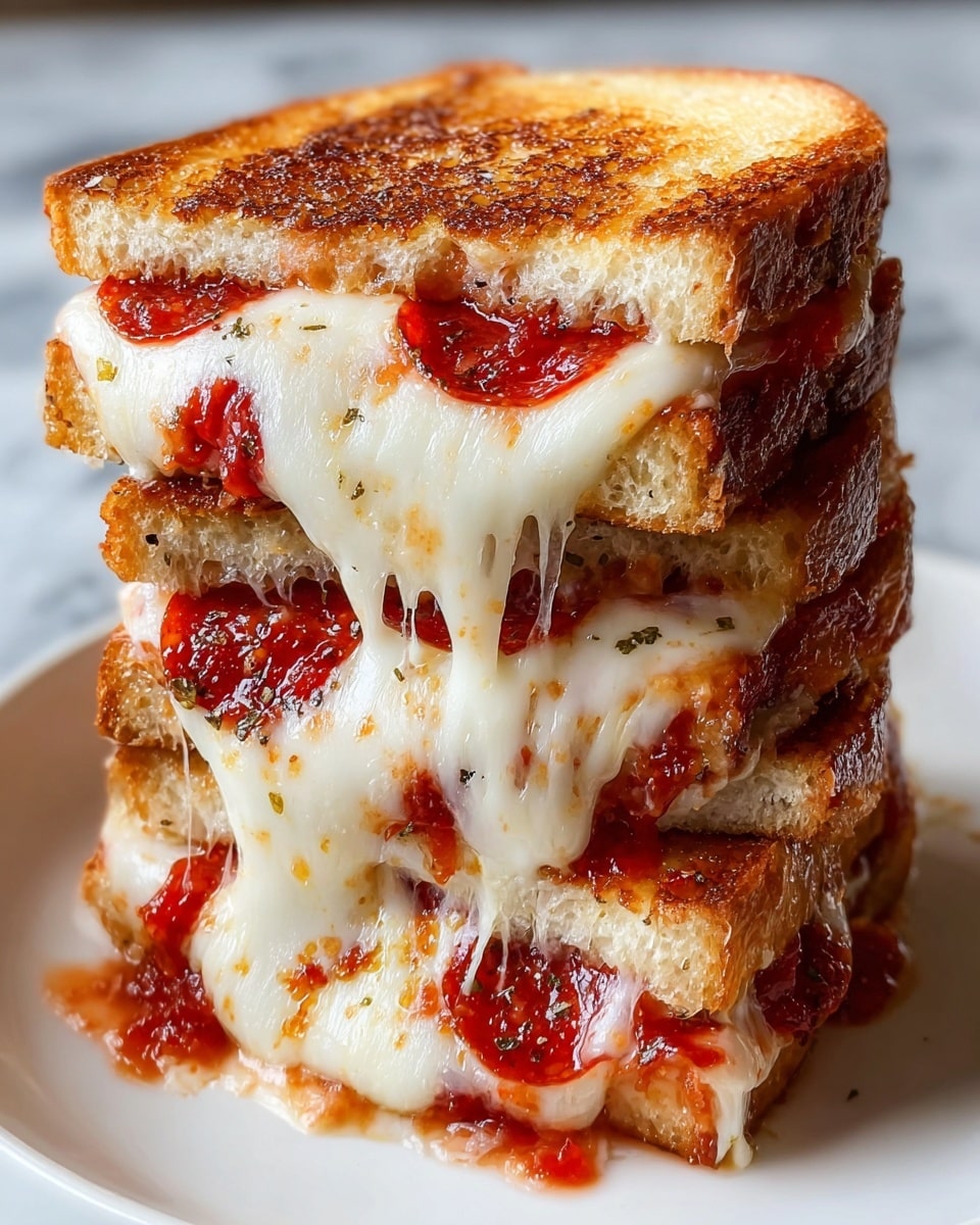 A close-up of a tall stack of three grilled cheese sandwiches with pepperoni slices, placed on a white plate. Each sandwich has two thick, golden-brown toasted bread slices with a crispy texture. Between the layers, melted white cheese stretches and oozes out, covering bright red pepperoni slices. The sandwiches show gooey, soft cheese strings and pockets of red sauce dripping slightly at the edges. The backdrop is a white marbled surface, and the lighting highlights the crust’s crunch and the glossy melted cheese. photo taken with an iphone --ar 4:5 --v 7