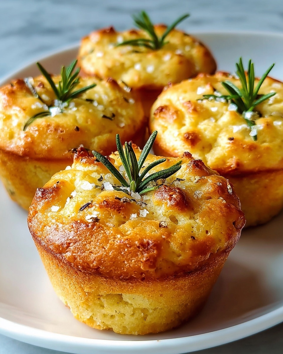 The image shows four golden brown muffins, each topped with small green rosemary sprigs and sprinkled with coarse salt. The muffins have a slightly crispy and uneven textured top with toasted spots, and the sides are smooth with a light yellow color. They are arranged close together on a white plate, set on a white marbled surface with soft natural light highlighting the details and colors. photo taken with an iphone --ar 4:5 --v 7