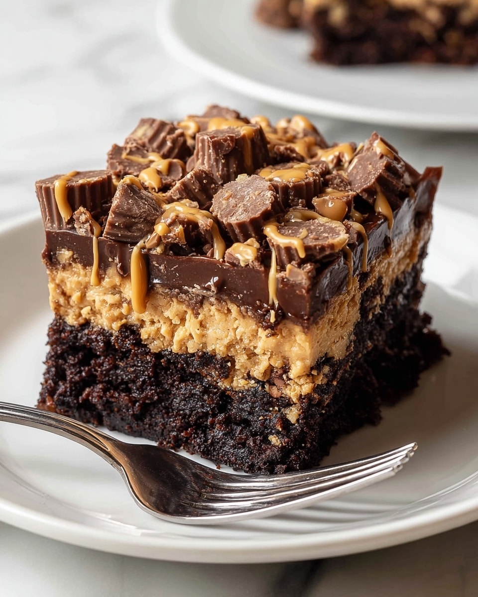A thick square slice of dessert has four visible layers on a white plate with a silver fork resting beside it; the bottom layer is crumbly and golden, the second layer is dense and dark chocolate, the third layer is gooey and caramel-colored spilling slightly out, topped with a chunky layer of chopped peanut butter cups covered in shiny melted chocolate drizzles that run down the sides. Behind the plate, there is a clear glass baking dish filled with more of the dessert, all set on a white marbled surface. photo taken with an iphone --ar 4:5 --v 7