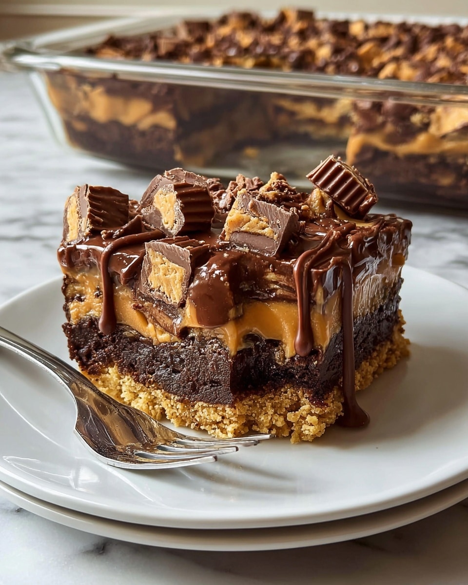 A dessert square with three layers sits on a white plate with a silver fork beside it, all on a white marbled surface. The bottom layer is dark and crumbly, likely chocolate cake or brownie. The middle layer is a light tan, slightly textured and creamy, possibly peanut butter or a similar filling. The top layer is thick dark chocolate, covered with scattered chopped peanut butter cups and drizzled with smooth peanut butter sauce. The overall look is rich and dense with varied textures from crumbly to gooey. Photo taken with an iphone --ar 4:5 --v 7